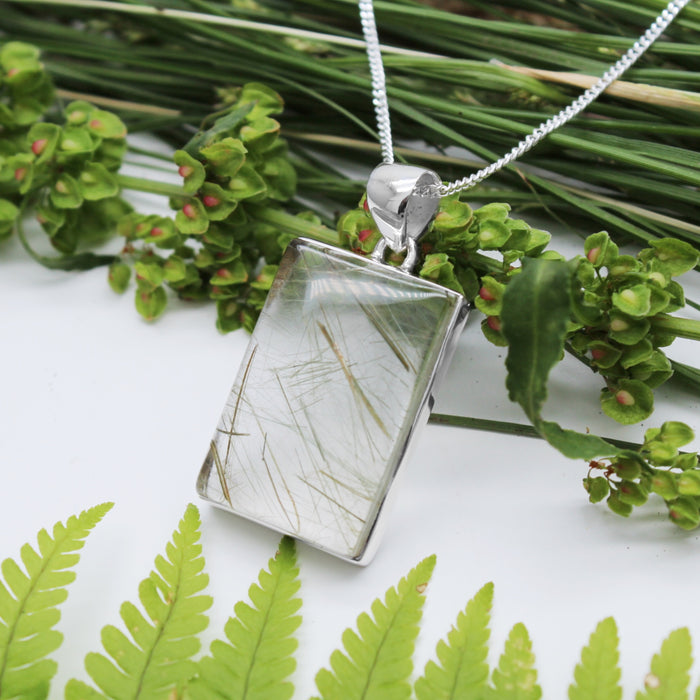 CUT GRASS - Sterling Silver & Green Actinolite in Quartz Necklace