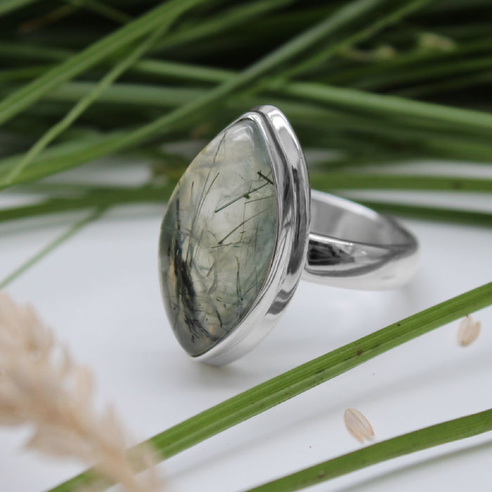 MOONLIT MEADOW - Sterling Silver & Black Tourmaline in Prehnite Ring - US 6