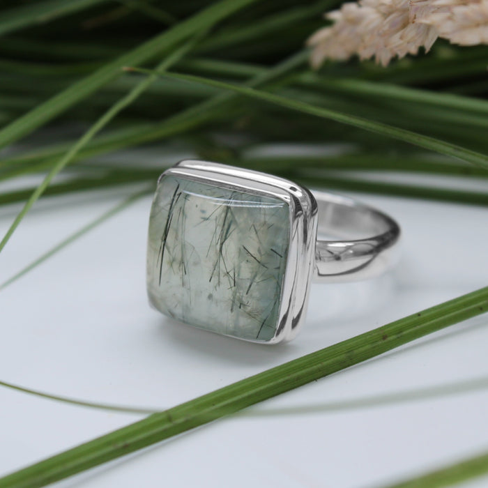 MOONLIT MEADOW - Sterling Silver & Black Tourmaline in Prehnite Ring - US 8