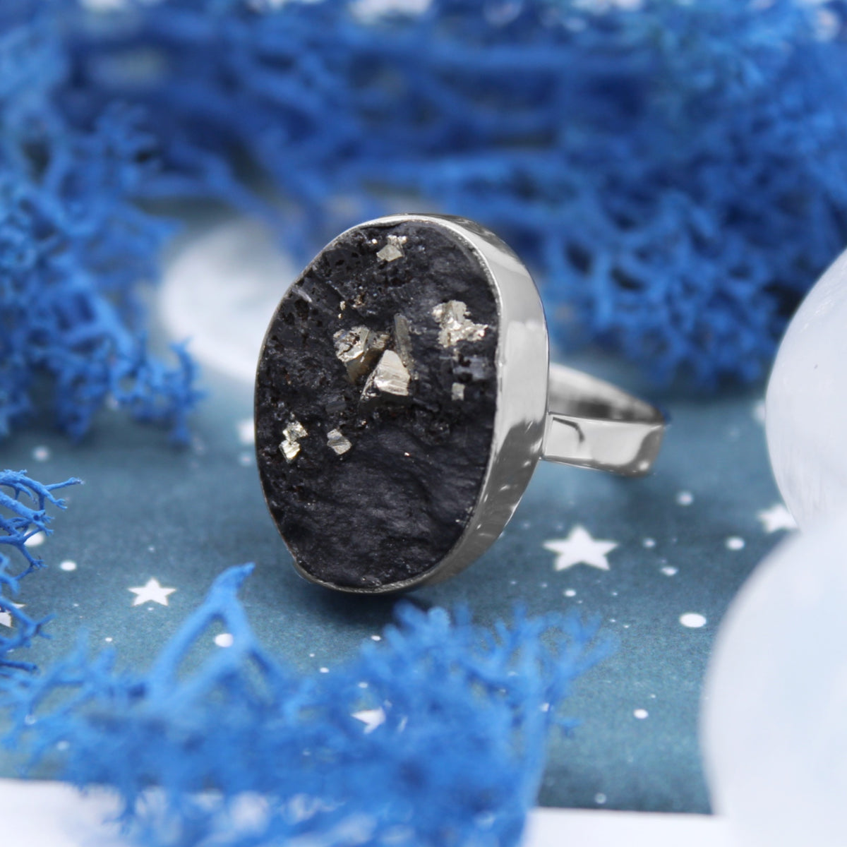 MOON ROCK - Sterling Silver & Pyrite on Basalt Ring SIZE LARGE